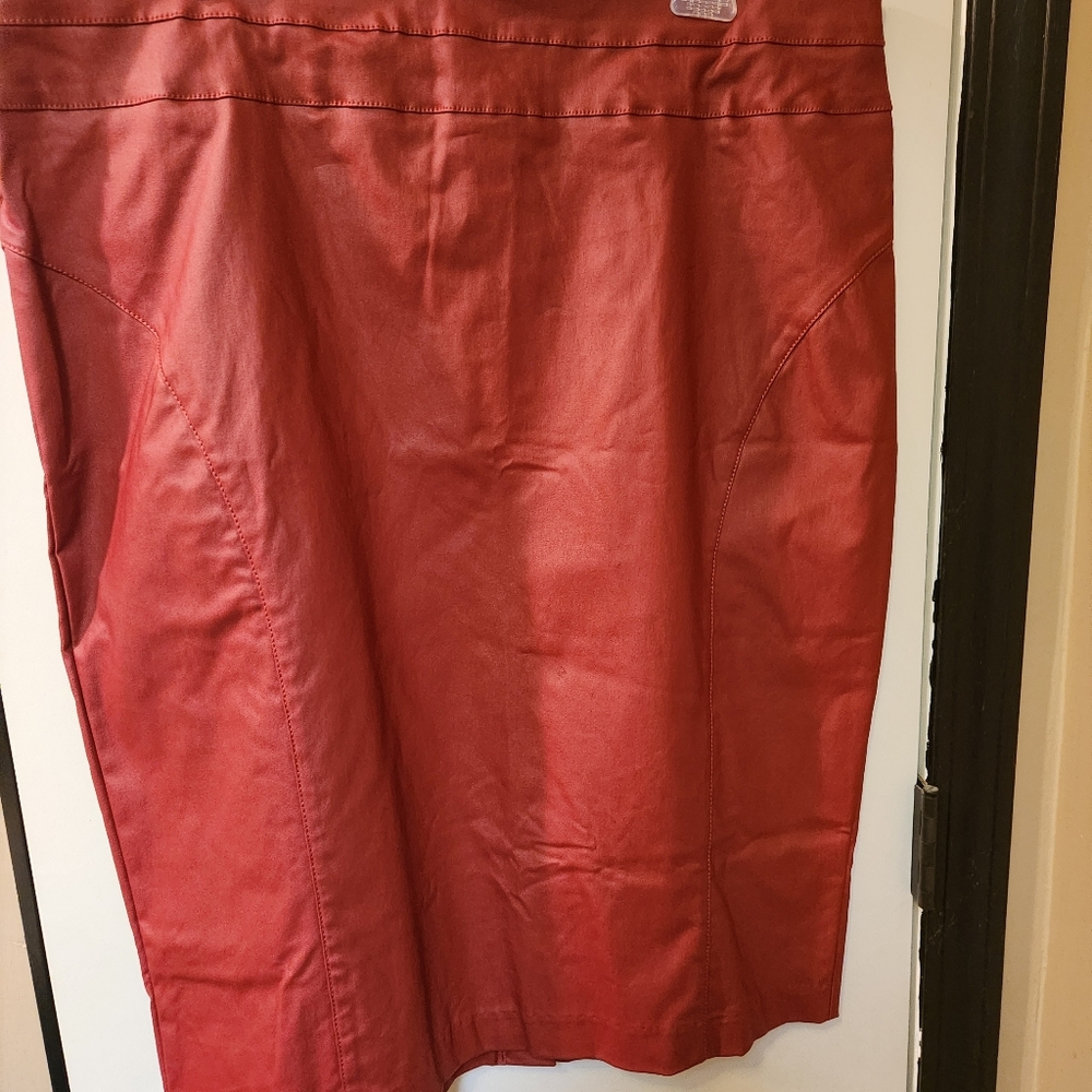 New York & Company Red Faux Leather Pencil Skirt Knee-Length Casual NWOT